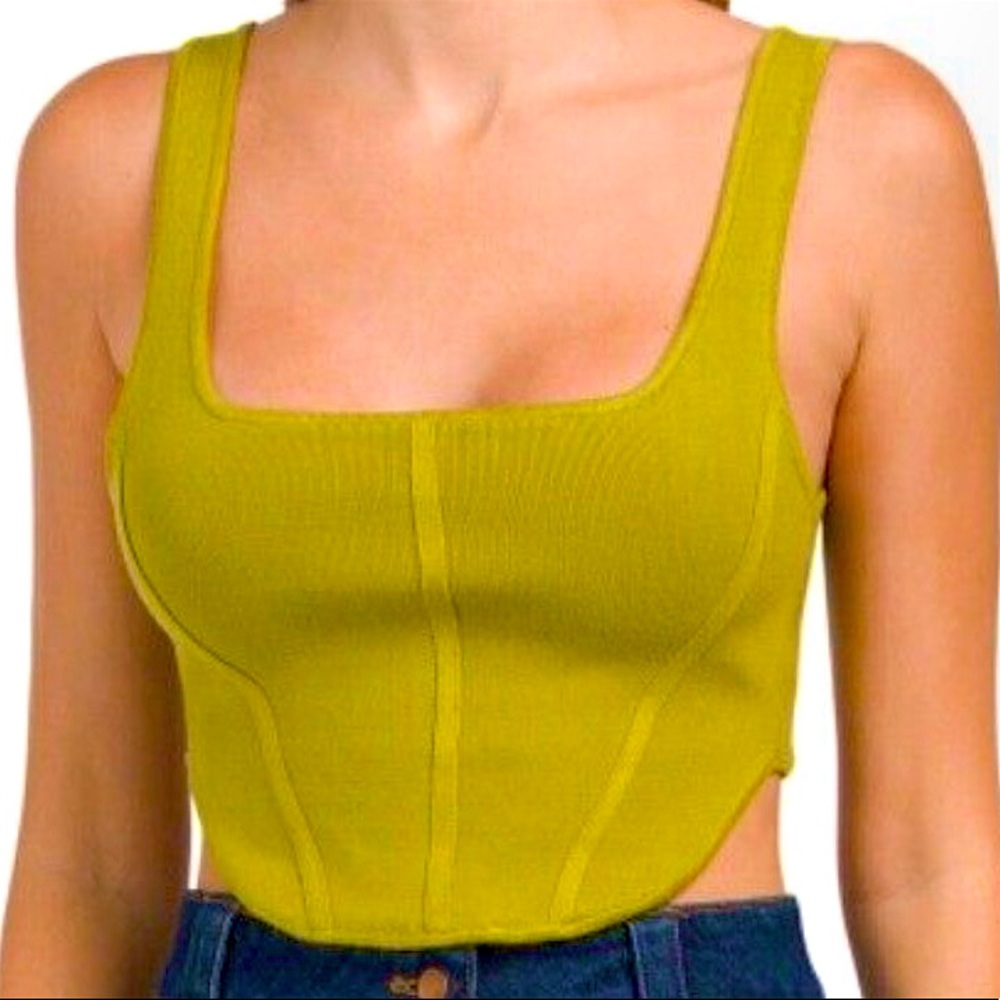 HOUSE OF HARLOW 1960 Green Sculpt Knit Square
Neck Corset Crop Tank Top